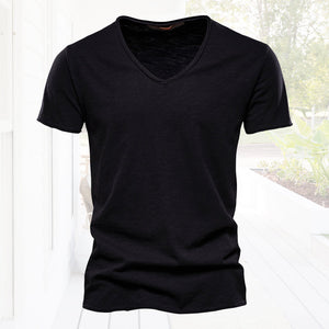 Plain Slub cotton V-neck T-shirt