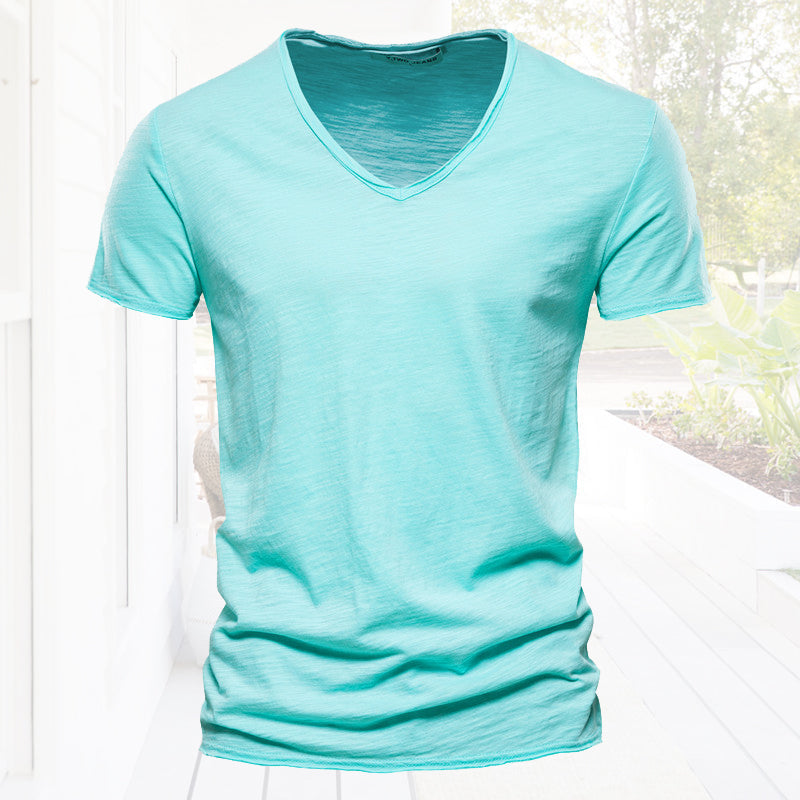 Plain Slub cotton V-neck T-shirt