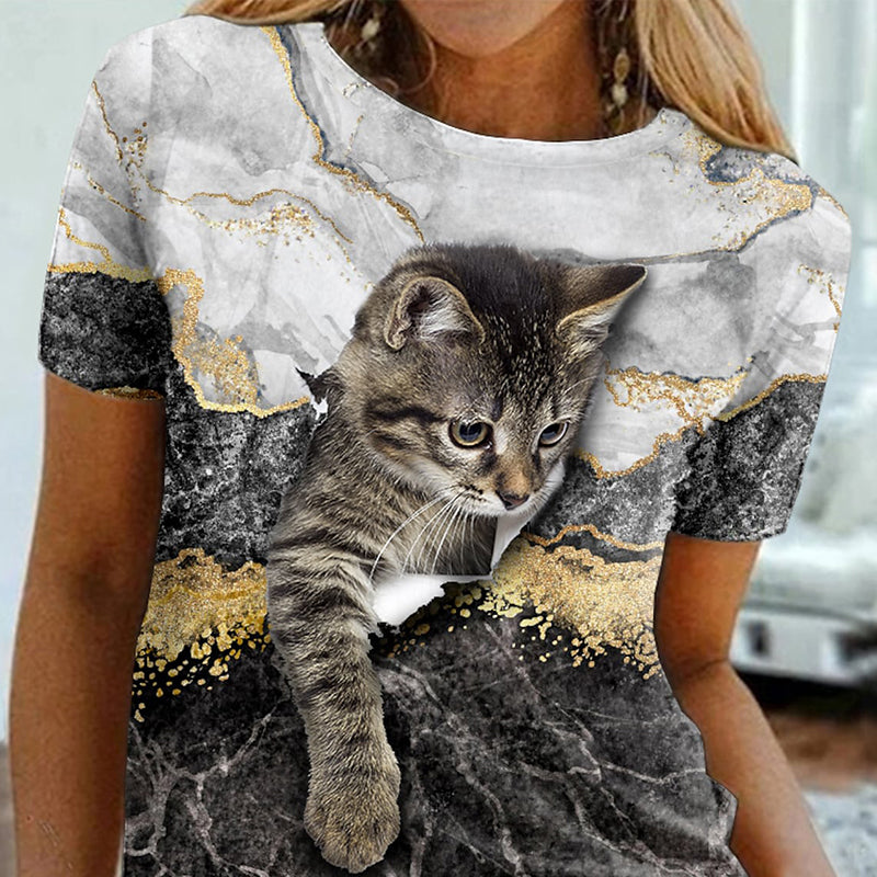 Women's Cat Graphic Patterned 3D Painting Mashup Color T-shirt