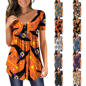 Halloween Colorful Printed Crinkled Short Sleeves