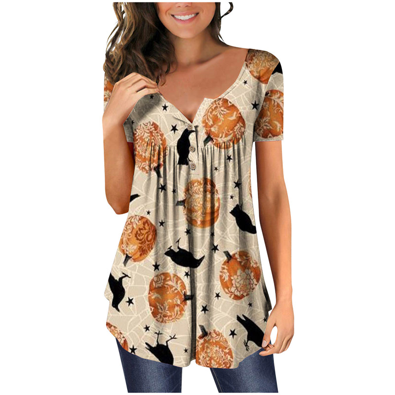 Halloween Colorful Printed Crinkled Short Sleeves