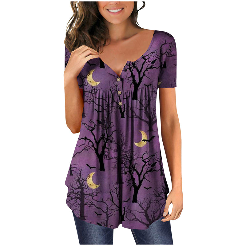 Halloween Colorful Printed Crinkled Short Sleeves