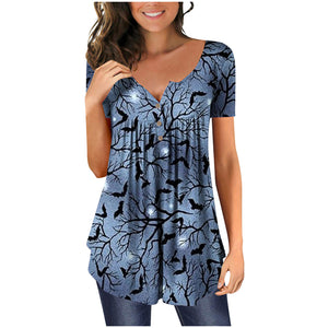 Halloween Colorful Printed Crinkled Short Sleeves