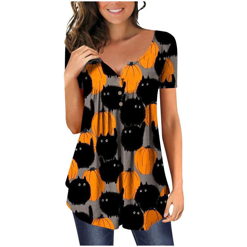 Halloween Colorful Printed Crinkled Short Sleeves