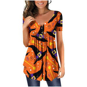 Halloween Colorful Printed Crinkled Short Sleeves