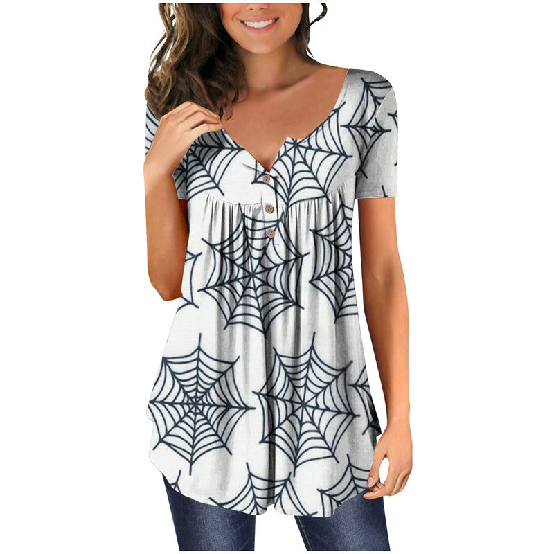 Halloween Colorful Printed Crinkled Short Sleeves