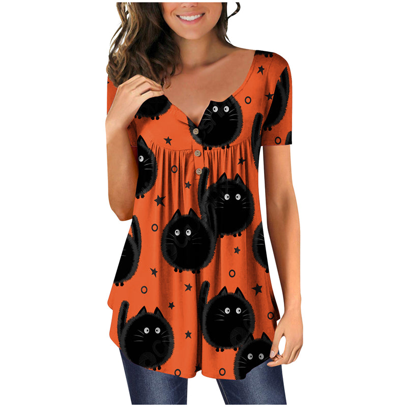 Halloween Colorful Printed Crinkled Short Sleeves