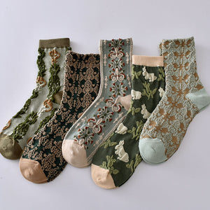 5 Pairs Womens Floral Cotton Socks